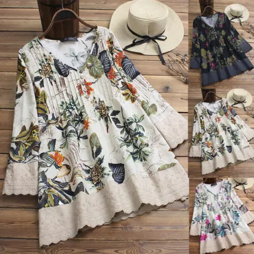 Новинка 2019 женский цветочный льняной Повседневный с длинным рукавом винтажный