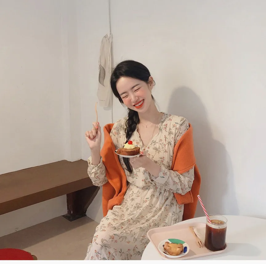 Женское шифоновое платье Boho Повседневное с длинным рукавом и принтом