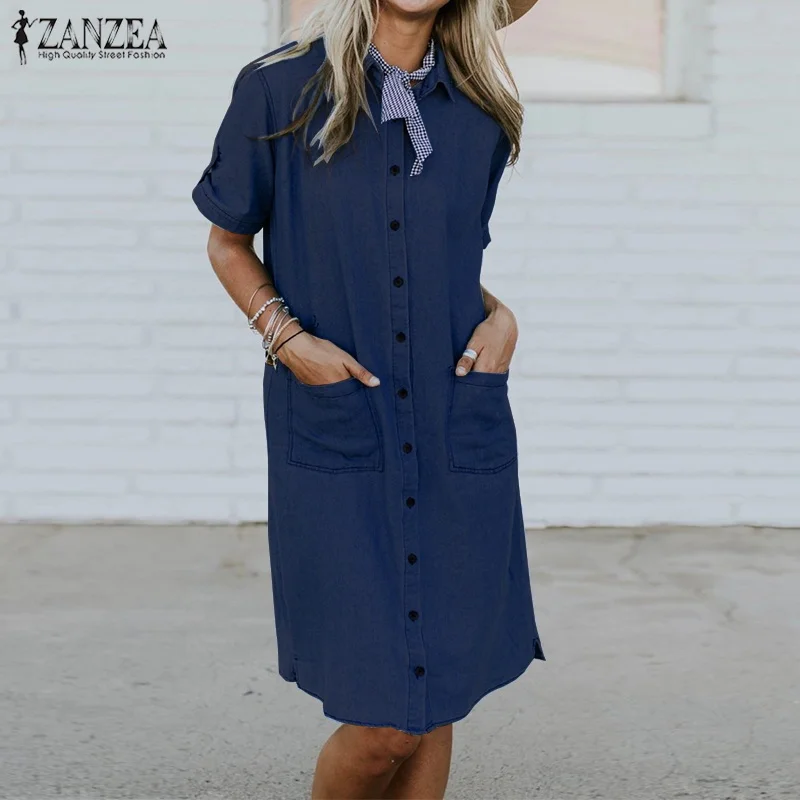 Женское платье-рубашка ZANZEA синее повседневное мини-платье с отворотом и коротким