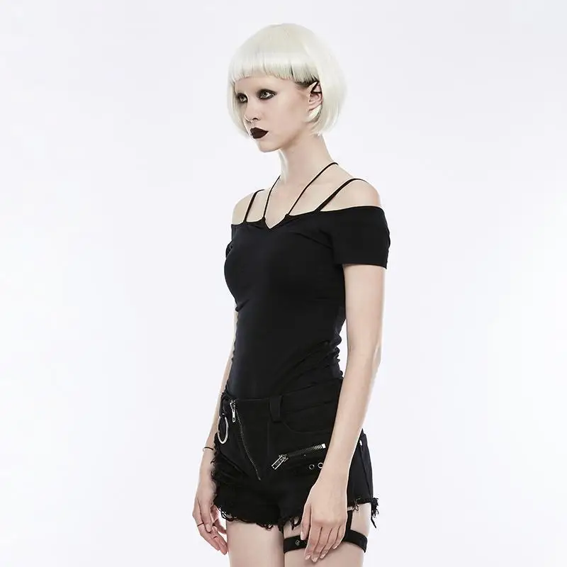 Punk Rave Women's Off the Shoulder T-shirt With Tie Rope Necklace Black OPT-145TDF | Женская одежда