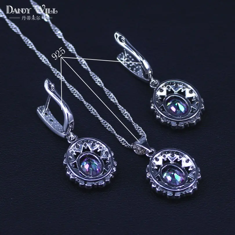 Fire Multi color Rainbow Zircon For Women Silver Color Jewelry Sets Necklace Pendant Earrings Rings Free Shipping | Украшения и