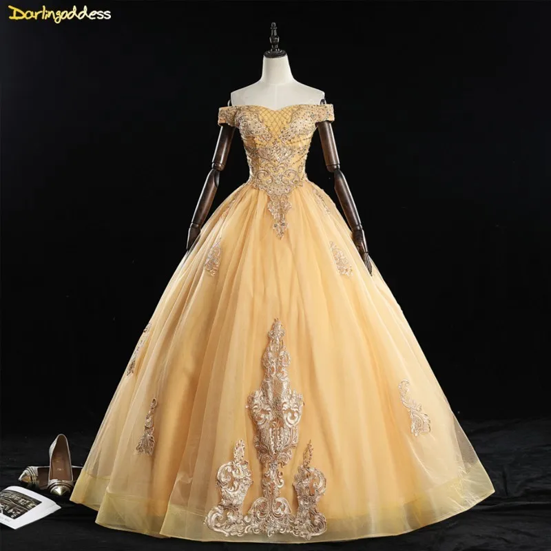 Роскошное Золотое бальное платье принцессы Quinceanera милые платья с открытыми