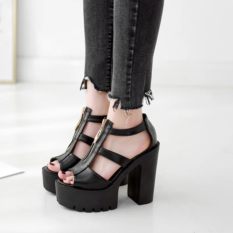 

Open Toe Ladies Sandals Blocked Heel Fashion Zipper 2020 New Summer Shoes Woman Platform Cover Heels Black Drop Shipping YMA715