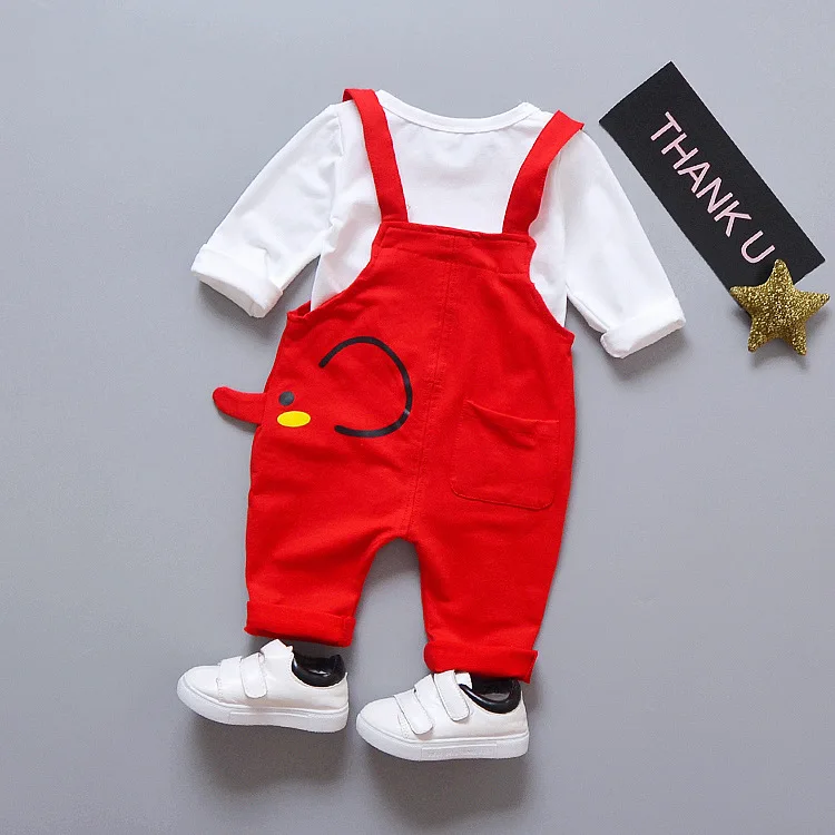 

New 2018 Spring Wear Children Suit Boys and Girls Pure Cotton Tie Leisure Long Sleeve Cartoon Strap Set 0-4 Ages