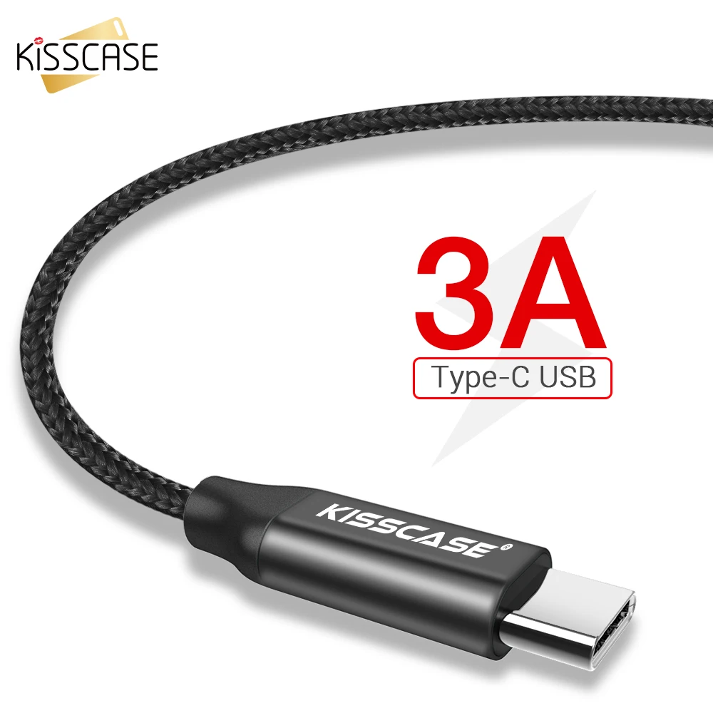 KISSCASE черный нейлоновый Плетеный телефонный кабель USB Type C для iPhone X 7 8 1 м 3A быстрой