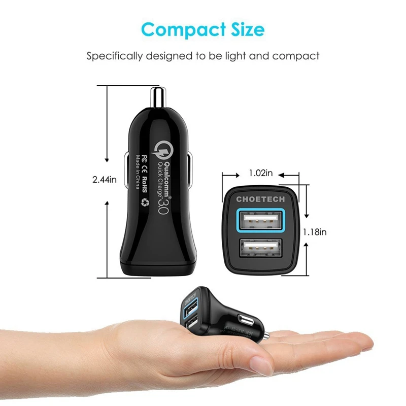 Choetech 30 Вт двойное автомобильное зарядное устройство Usb для Iphone X Quick Charge 3 0