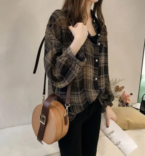 

New Female Plaid Blouses Womens Long Sleeve Button Plaid Tops Ladies Baggy Loose Fashion Comfort Blouse Tops M-4XL