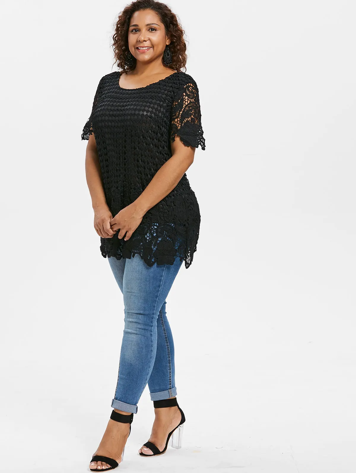 Wipalo Women Plus Size 5XL Crochet Lace Blouse Scoop Neck Short Sleeves Casual Solid Black 2019 Ladies Summer Tops|Блузки| |