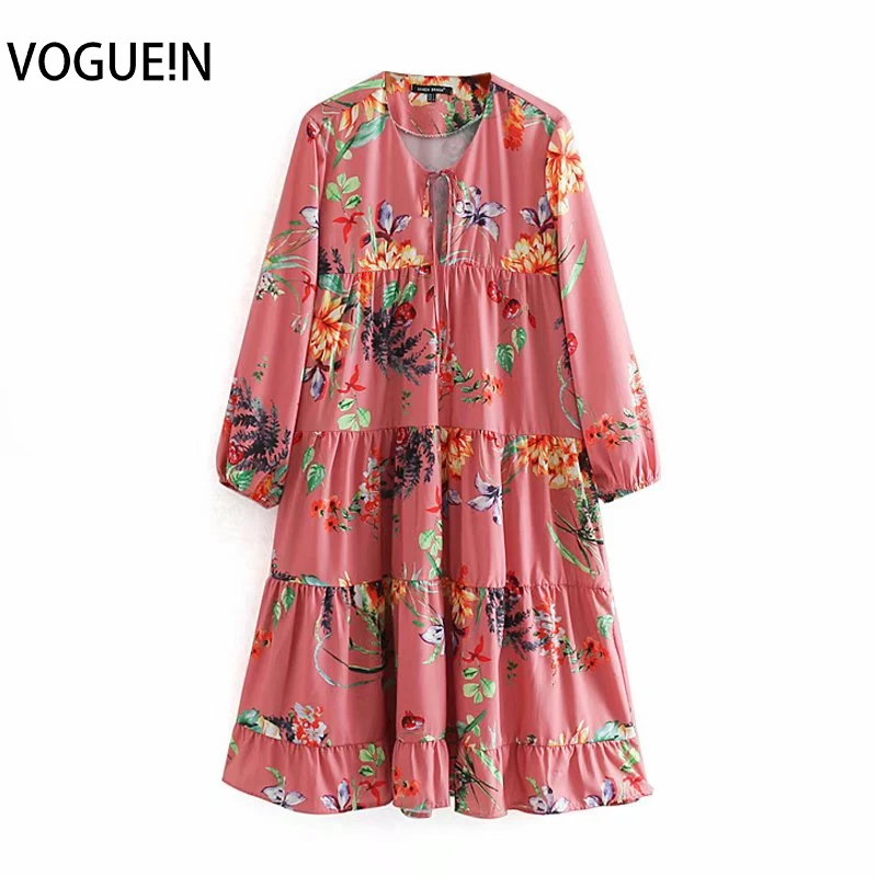 VOGUEIN Новое Женское летнее повседневное розовое платье миди с длинным рукавом и