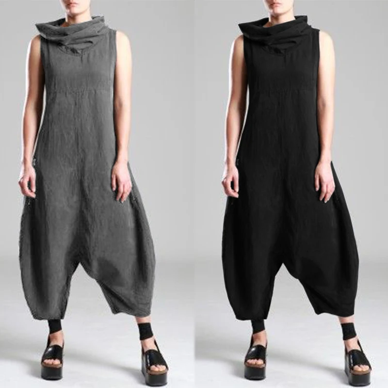 

2021 Plus Size ZANZEA Summer Women Solid Turtleneck Sleeveless Cotton Linen Jumpsuits Harem Overalls Pants Drop Crotch Rompers