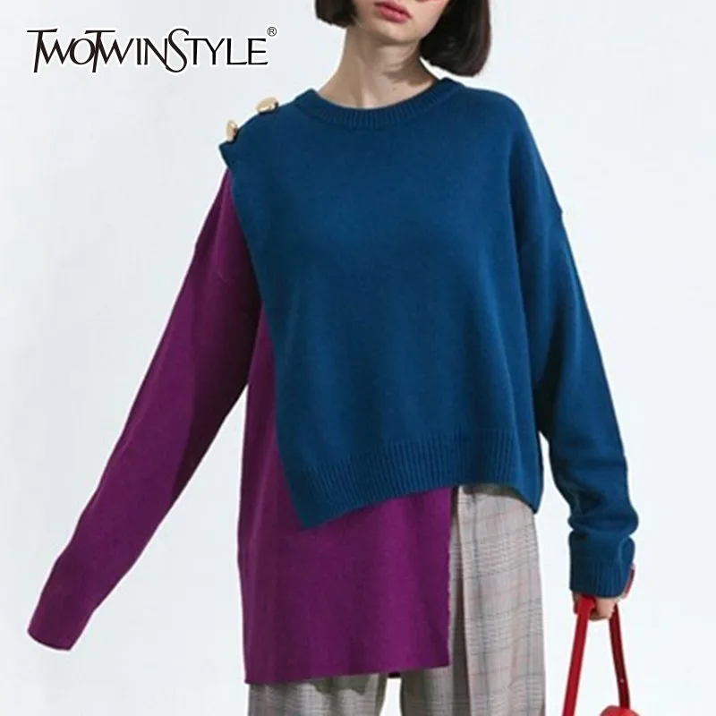 TWOTWINSTYLE нерегулярные хит Цвета Вязание пуловер Топы женские с круглым вырезом и