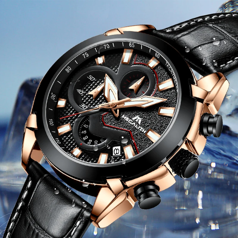 MEGALITH официальные кварцевые мужские часы модные из натуральной кожи хронограф