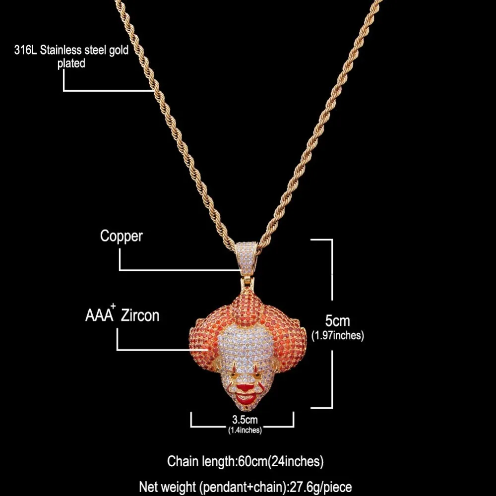

UWIN Horror Clown Pendant Full Iced Out Stephen King's It Joker Necklace Lol CZ Stone Tennis Chains Gift