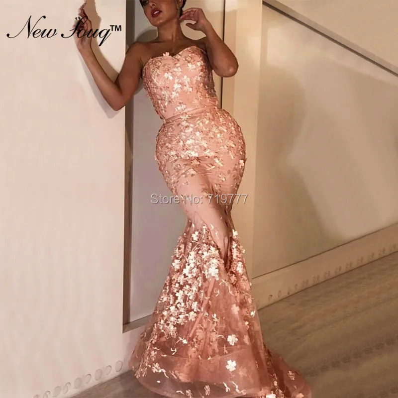 Formal Evening Dresses Pink Flower Wedding Party Gowns 2019 Couture Arabic Dress Strapless Prom Dress Islamic Dubai Saudi Arabic