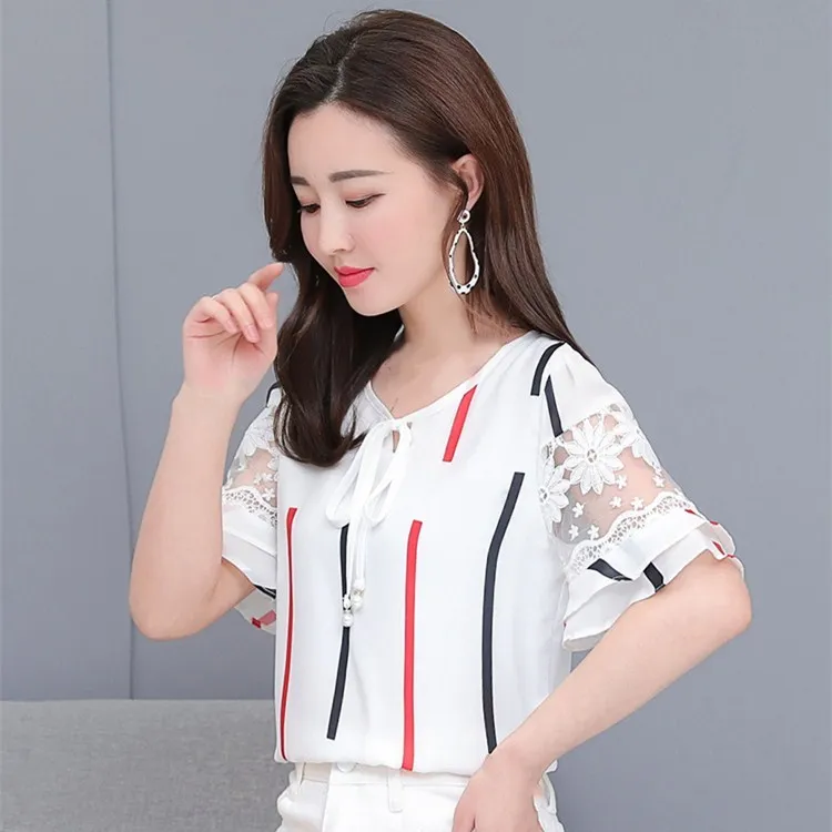 New Arrival Women Summer O-Neck Stripe Slim Blouse Butterfly Sleeve Ladies Lace-Up Patchwork Lace Plus Size Chiffon Shirts |
