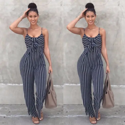 Sexy Women Navy Stripe Short Sleeves Jumpsuit Bodycon Slim Trousers Romper | Женская одежда