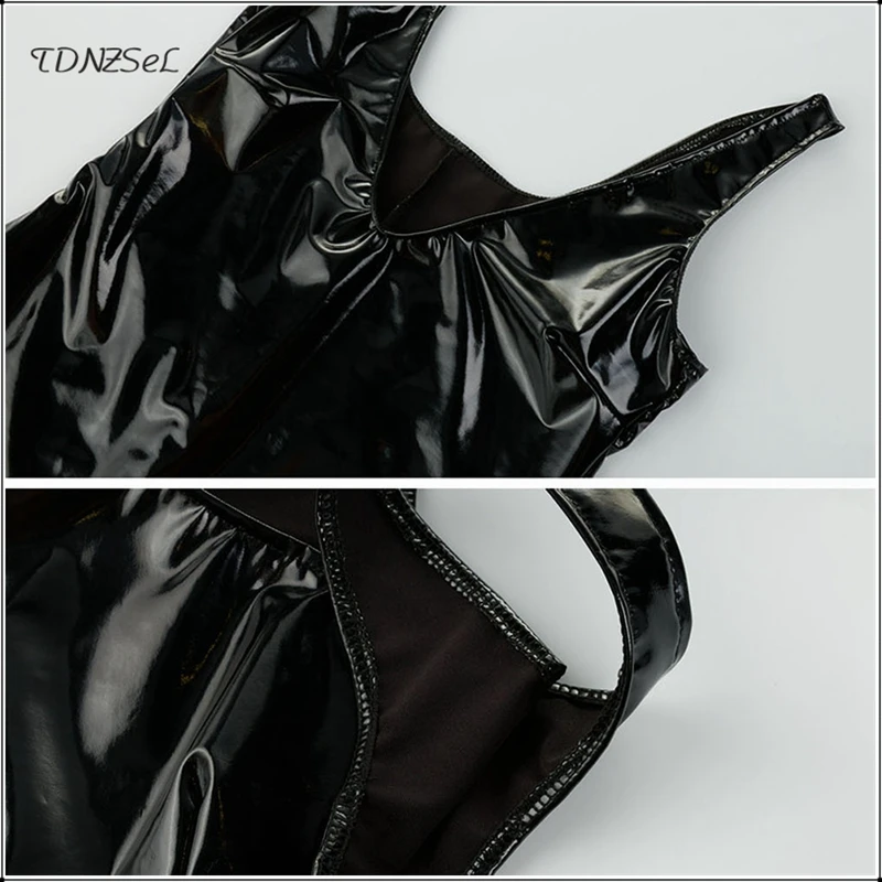 

Women Black PU Leather Tank Bodysuits Sexy PVC Latex Overalls Babydoll Playsuit Deep V Low Cut Backless Short Jumpsuit Rompers