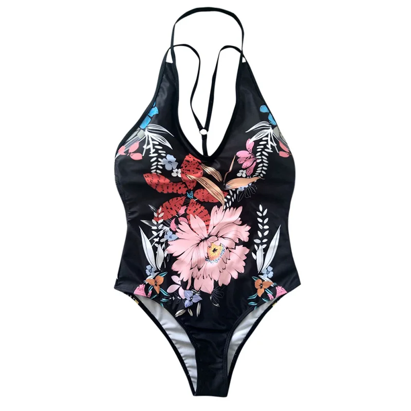 Сексуальный женский цельный купальник с цветочным принтом v-образный вырез