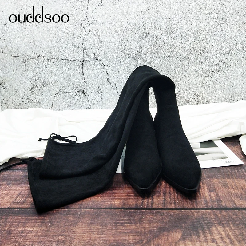 Ботфорты облегающие кожаные женские ботфорты стрейч на квадратном каблуке