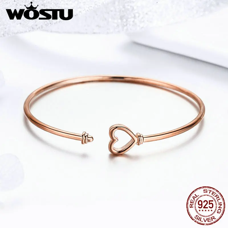 WOSTU, розовое золото, сердце, браслеты, 925 пробы, серебро, сердце, открытые, браслеты для женщин, свадьба, помолвка, любовь, подарок, ювелирное изделие, CQB130