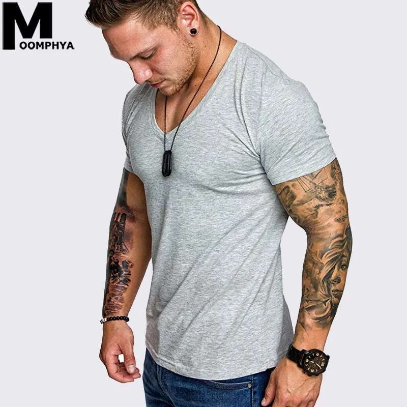 

Moomphya 2019 New Deep V-Neck short sleeve men t shirt Streetwear hip hop t-shirt men Summer top tee shirt men tshirt