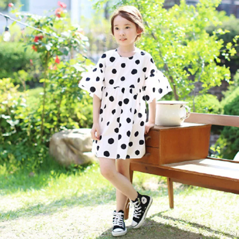 Summer Girls Dresses Teen Children Cotton Polka Dot Cute Dress Big Girl Fashion Loose Princess Age 3 - 14 years old | Детская одежда и