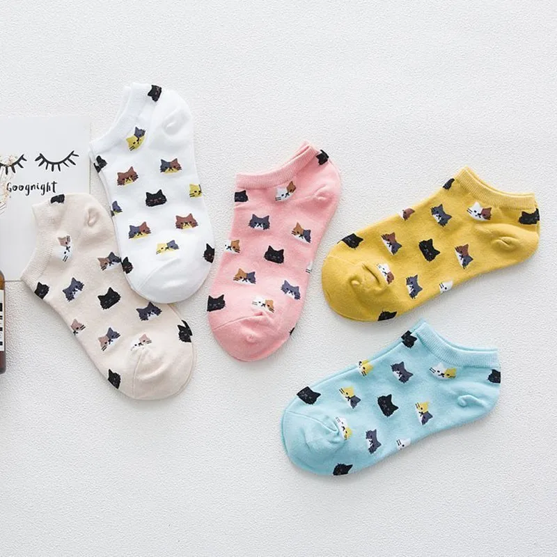 Новинка красивые носки-башмачки с рисунком котенка из чистого хлопка Дышащие
