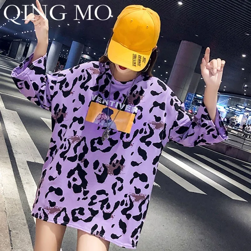 Женская футболка с леопардовым принтом QING MO фиолетовая и синяя хлопковая
