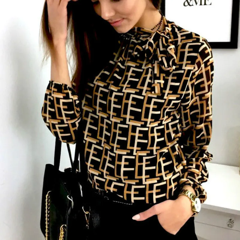 Fashion Women Print OL Blouse Tops Ladies Long Sleeve Lace-up Loose Casual |
