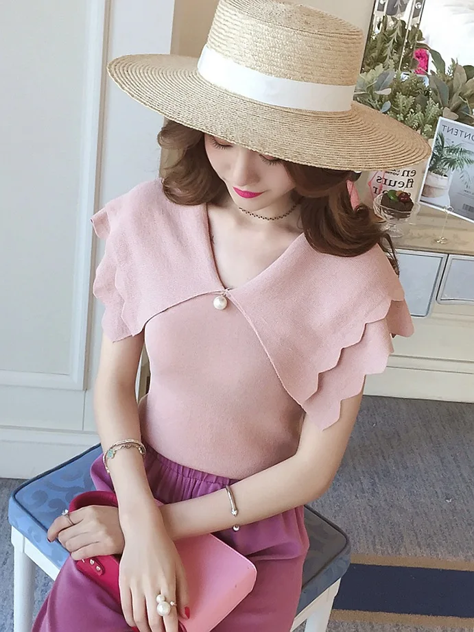 

Summer Korean lady Slim V-neck ruffled solid color beaded sweater sleeveless female free size,yellow,black,pink,khaki