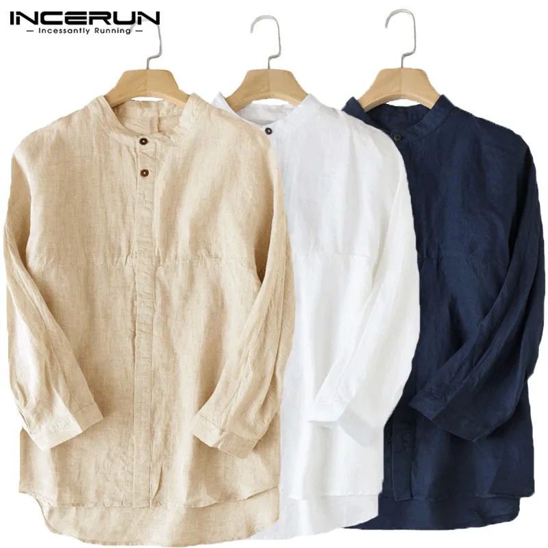 INCERUN повседневная мужская рубашка с рукавом 3/4 льняная мешковатая Мужская блузка