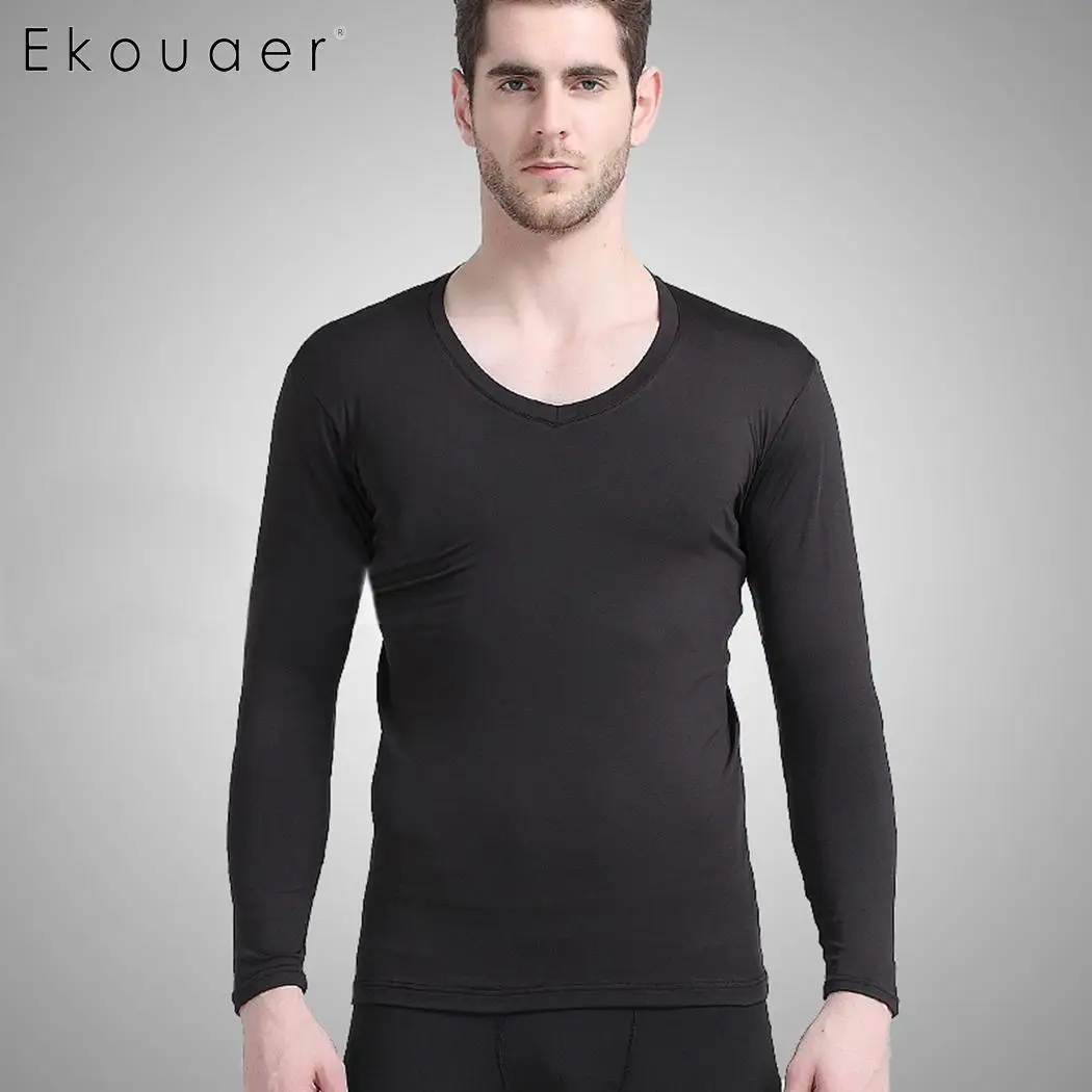 Ekouaer Winter Thermal Underwear Sets Sleepwear Seamless Solid O-Neck Long Sleeve Warm Set Male Therm Johns | Мужская одежда