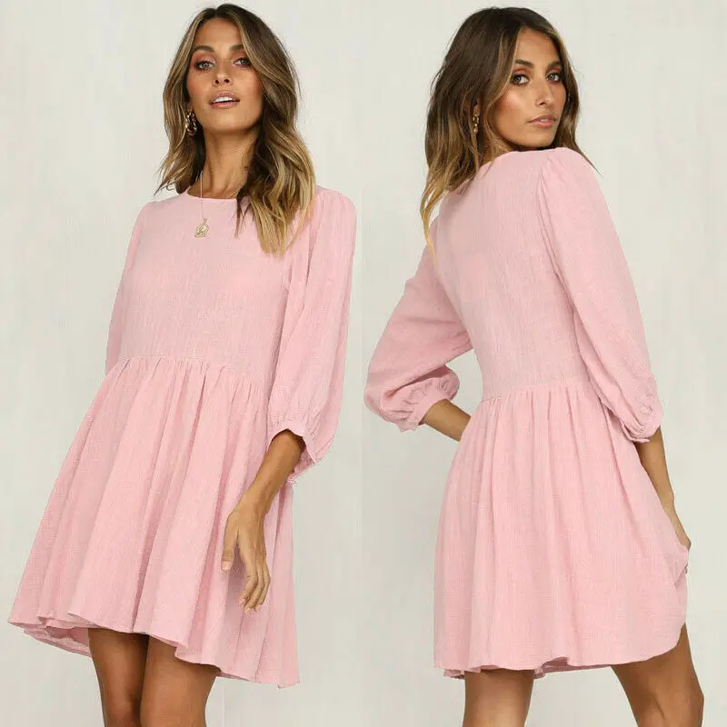 Новые женские летние модные повседневные платья однотонные с круглым вырезом