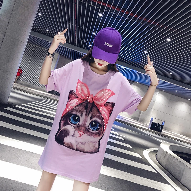 Women Loose Pearl Beading Short Sleeve Tee Shirt Funny T-shirt 3d Cat Print 2019 Plus Size T Fashion Casual Harajuku Tops | Женская