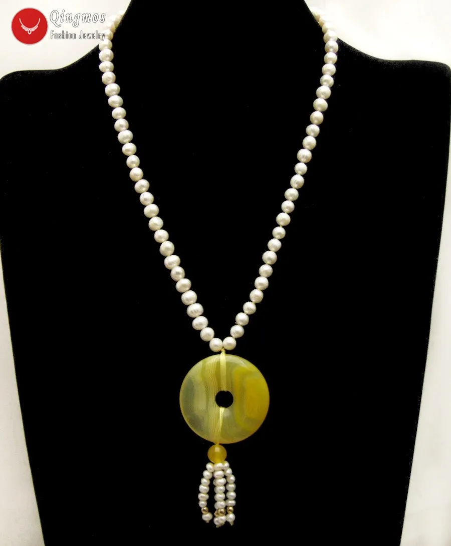 Qingmos Natural White Pearl Necklace for Women with 6-7mm Round &amp 40mm Yellow Donuts Shape Agates Pendant Jewelry | Украшения и