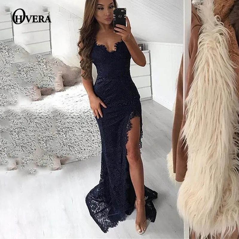 Ohvera High Split Backless Party Sexy Dress Women Spaghetti Strap Maxi Long Summer Lace Dresses Elegant Vestidos | Женская одежда