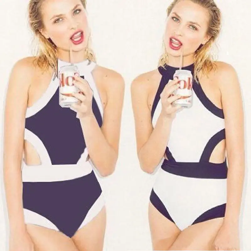 Женский слитный купальник черно-белый в стиле пэчворк монокини бикини пляжная