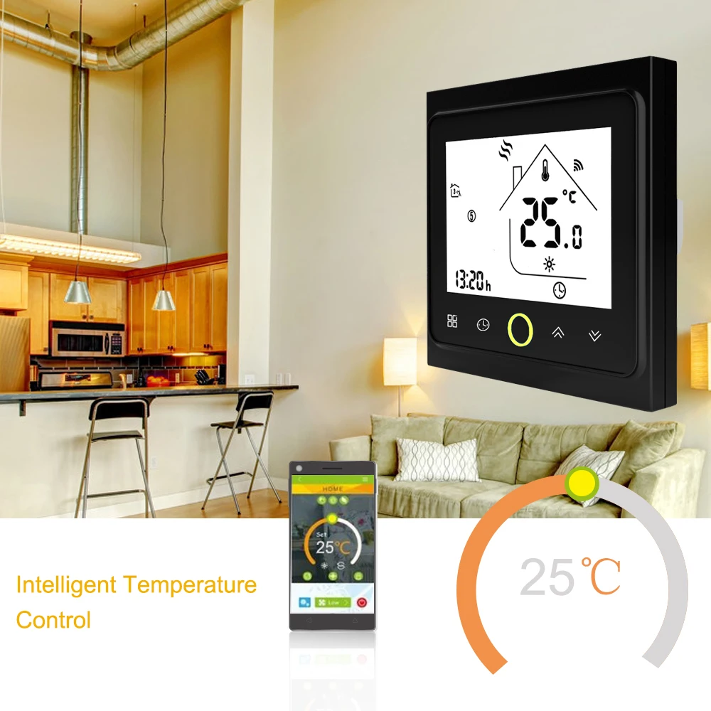 

WiFi термостат с сенсорным ЖК-дисплеем, программируемый энергосберегающий смарт-контроллер температуры для газового котла/воды
