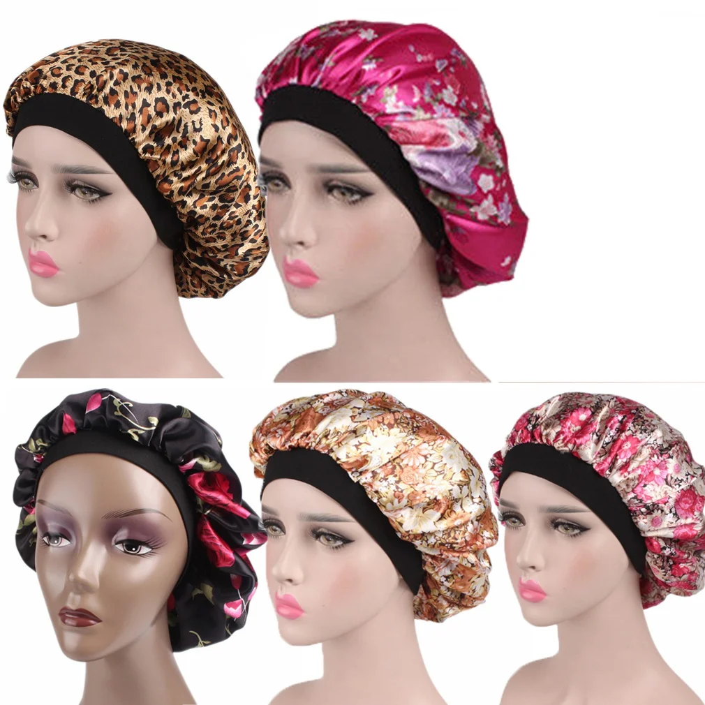 Wide-Brimmed Printed Double-Layer Waterproof Shower Cap Satin Sleep Hat Hair Silk Hood Loose Band |