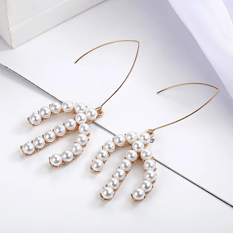 2019 New Fashion Sweet Pearl Earrings Trident Shaped Exaggerated Dangle For Women jn0492 | Украшения и аксессуары