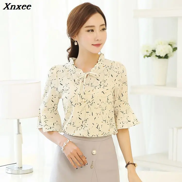 

2020 Summer chiffon shirt Women Blouses Fashion half sleeve Plus Size printing women's clothing sweet women's Tops blusas Xnxee