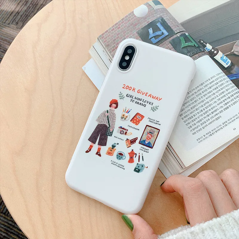 Cute White illustration Girl korean Phone Case For iPhone X XS XR Xsmax 7 Puls 6 6S 8 Cases Retro Soft Silicon Cover |