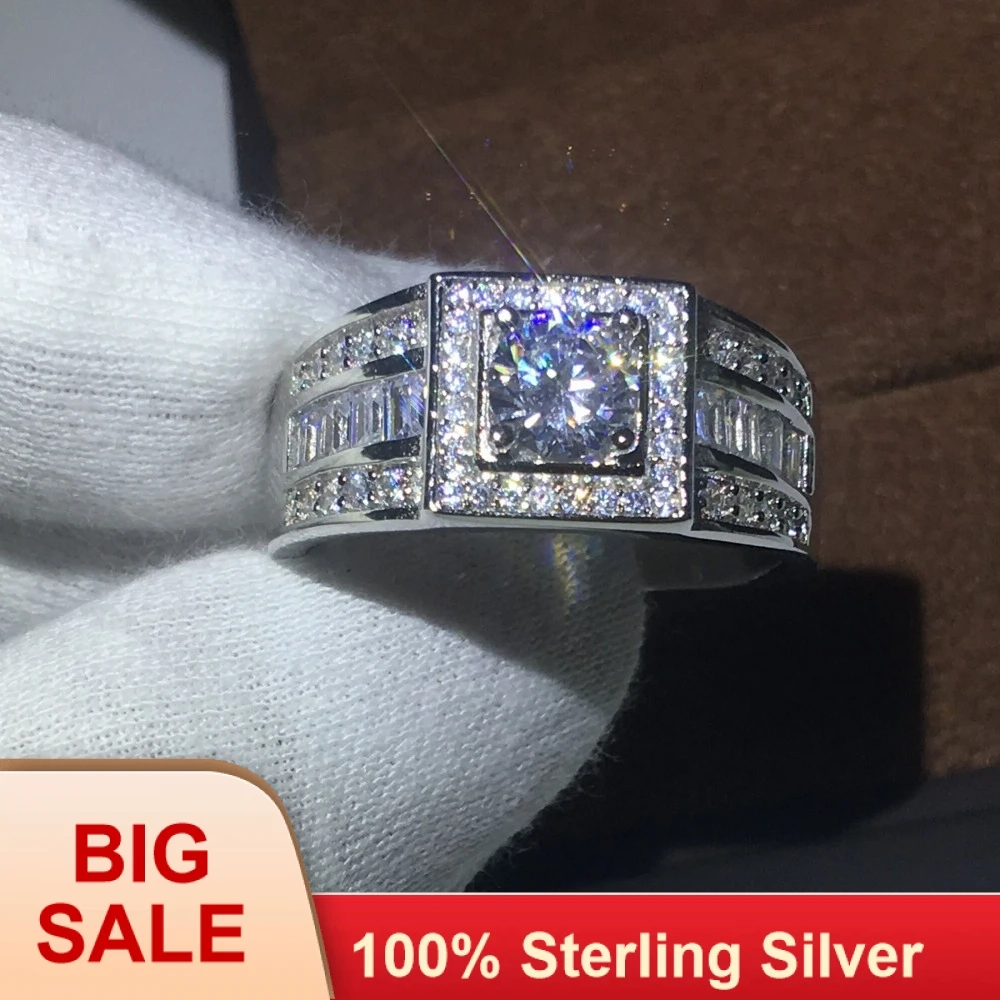 100% реальный однотонный серебряный цвет модное мужское кольцо Круглый 1ct AAAAA Cz