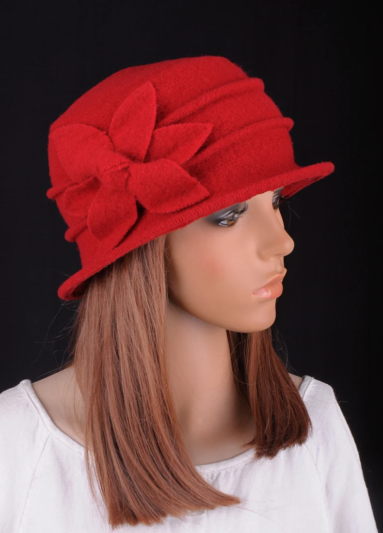 

M558 Red Elegant Wool Acrylic Women's Winter Flower Flanging Cap Beanie Cloche Bucket Hat