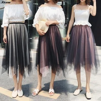 2018 spring summer vintage skirts womens elastic high waist tulle mesh skirt long pleated tutu skirt female jupe longue xnxee
