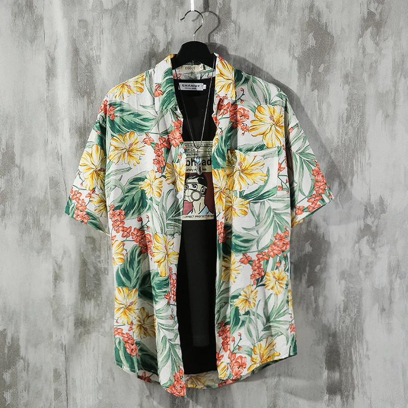 Мужская рубашка с цветочным принтом в стиле пэчворк гавайская брендовая