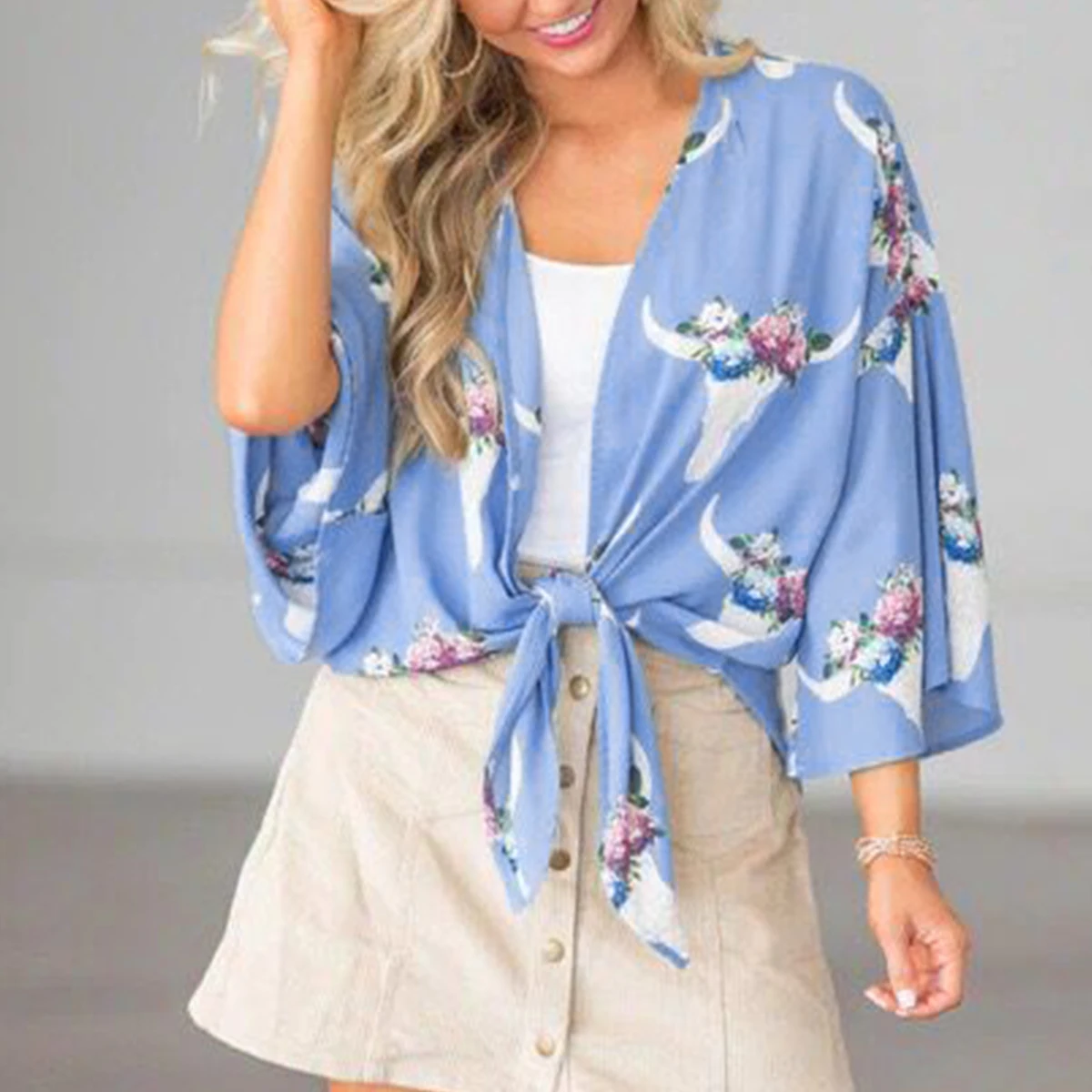 Летнее женское кимоно с принтом кардиган свободного покроя открытой передней