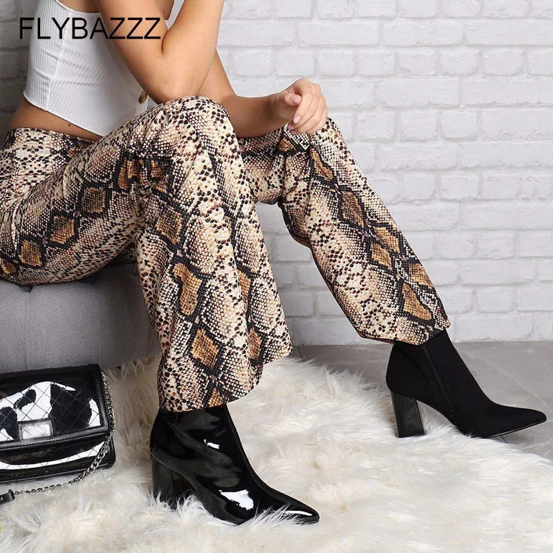 

Spring Autumn Elegant Snake Print Flare Pants Sexy Snakeskin High Waist Pants Capris Slim Elastic Trousers Women Running Pants
