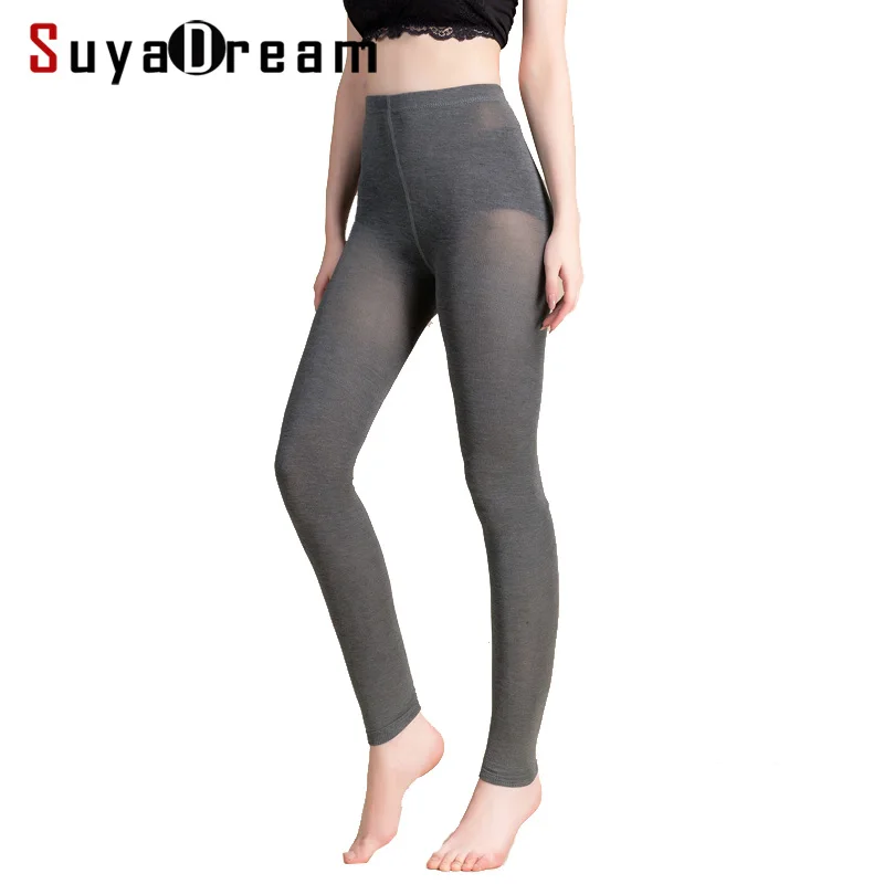 SuyaDream Women Leggings 50%Silk 30%Cotton 20%Spandex Solid slim leggings Full length bottoming pants 2022 New Black Gray