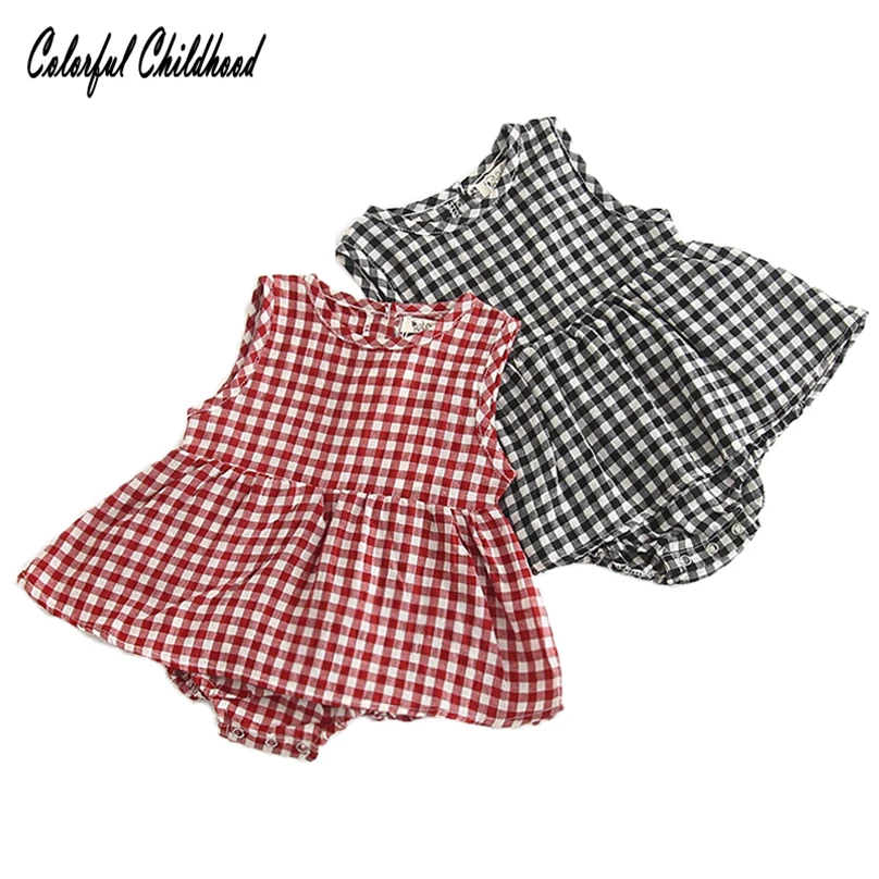 

Vintage plaid jumpsuit newborn baby girls sleeveless romper summer infant kids outfits toddler pajamas 0-24m
